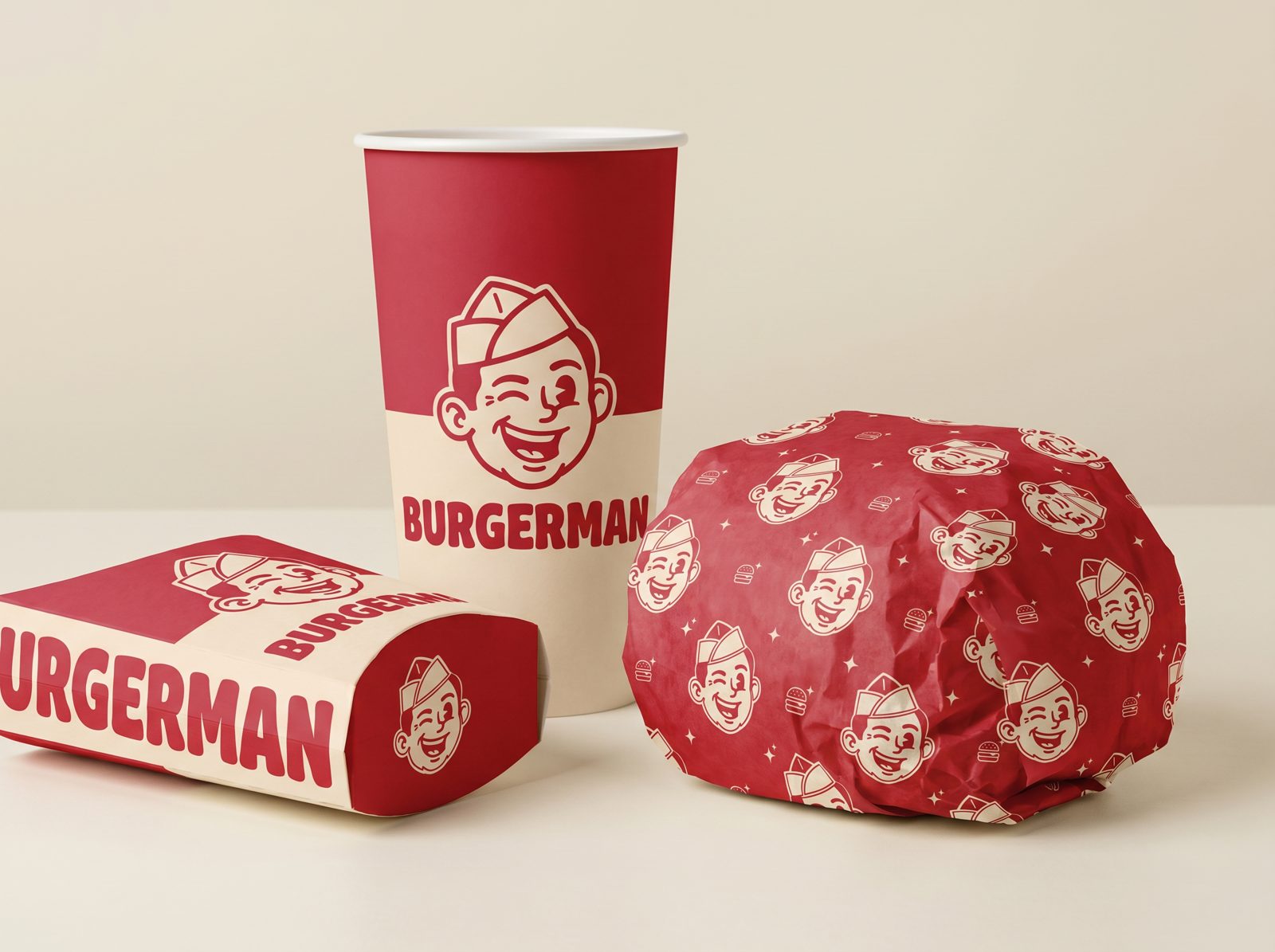 Burgerman ambalaj seti: bardak, wrap kağıdı ve patates kutusu